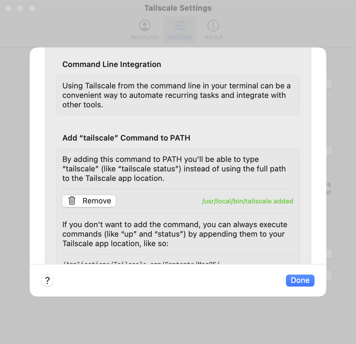 CLI Integration showing tailscale added to /usr/local/bin